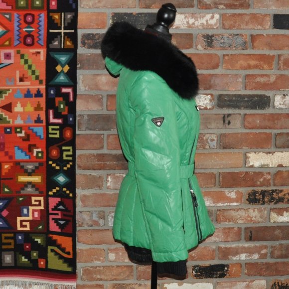 Shenowa Kelly Green Wet Look Down Puffer Belted Coat Jacket Fox Fur Hood Trim M - Picture 3 of 10
